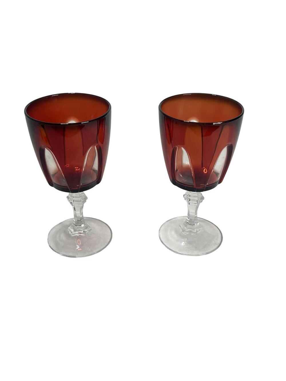 Unmarked Red Ruby Cut To Clear Wine Glasses Stemware Set Of 2 Barware Decorative